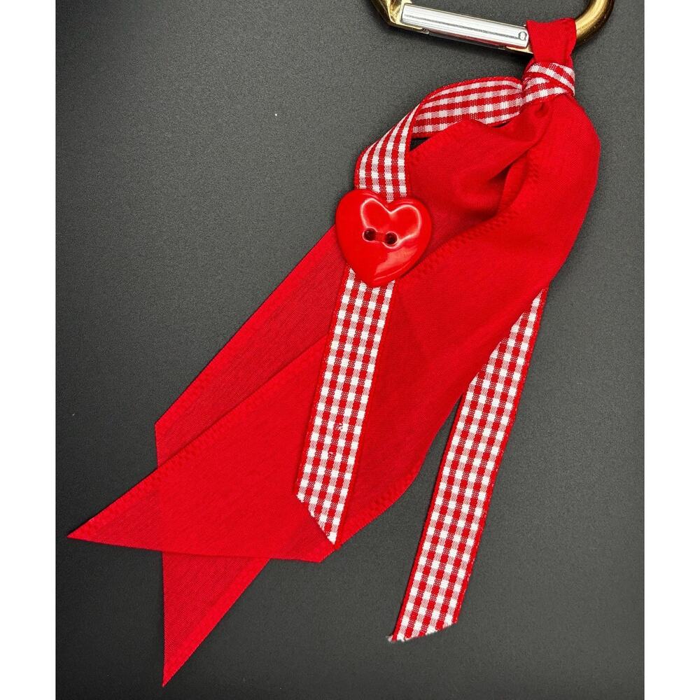 Handmade Red Gingham Keychain: Heart Button, Rose Gold Clip